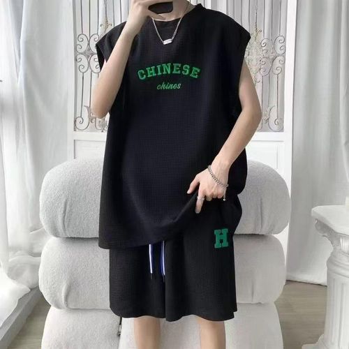 product_image_name-Fashion-Two-in-one waffle braid suit for men, casual sleeveless T-shirt & shorts two-piece set-4