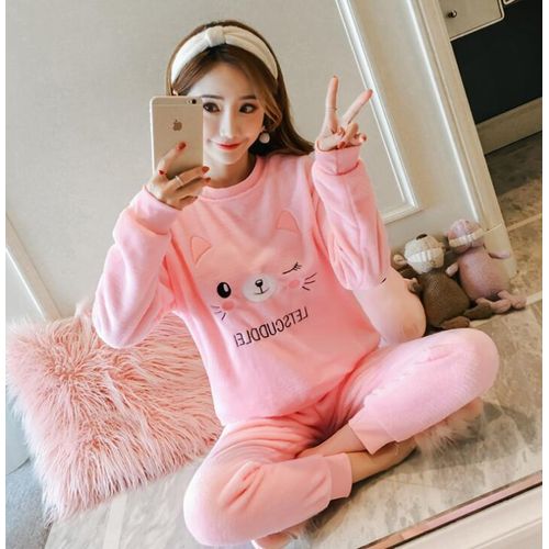 Shop Generic Autumn And Winter Female Thicken Coral fleece pajamas Korean  version sweet Cartoon Long sleeve Home service suit WHX012 Online