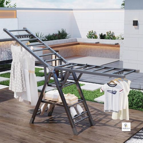 Generic Heavy Duty Folding Clothes Drying Rack   Expandable Wings, Shoe Holder & Built-in Wheels Dark Grey