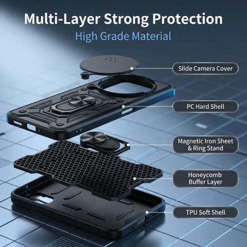 Generic Redmi 14C Shockproof Case with Camera Slider & Card Holder, Magnetic Ring Kickstand Phone Cover - image 6