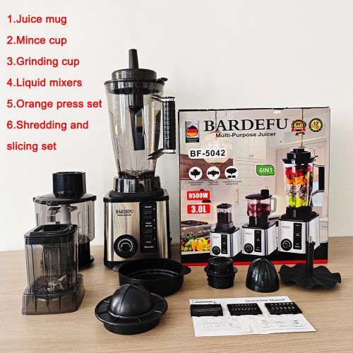 BARDEFU 6 In 1 Commercial Professional Powerful Multi-Purpose Blender - 9500W - 3.0L - Silver and Black