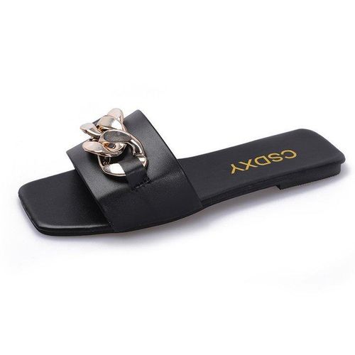 product_image_name-Fashion-Women's Black Square Toe Metal Chain Flat Slides, Outdoor One Strap Slippers, Casual Versatile Non-slip Beach Sandals-1