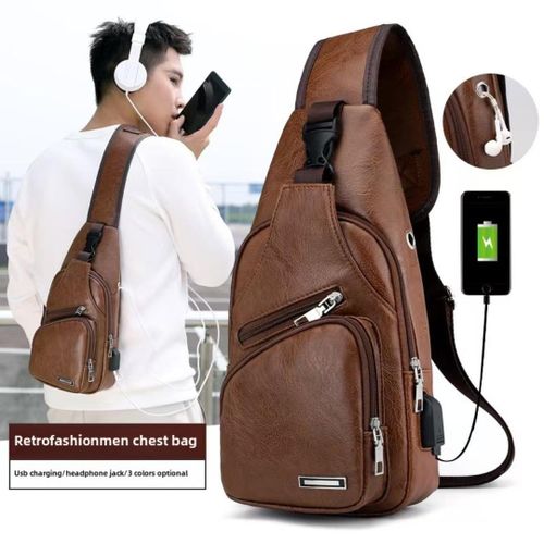 product_image_name-Fashion-Men's USB charging chest bag PU shoulder bag with headphone jack crossbody bag Brown-2