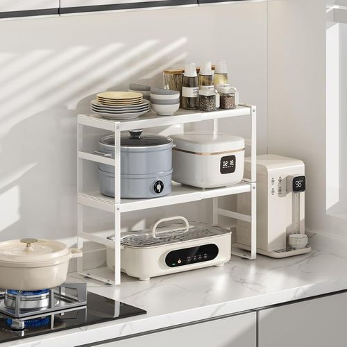 Generic White Adjustable Kitchen Shelf Organizer Expandable Cabinet & Countertop Storage Rack for Plates - image 4