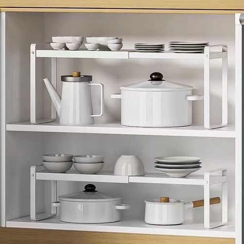Generic White Adjustable Kitchen Shelf Organizer Expandable Cabinet & Countertop Storage Rack for Plates - image 5
