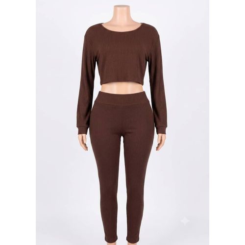 SHEIN Brown Ribbed Knit Two-piece Activewear Lounge set -Size