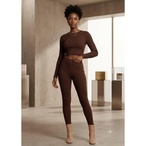 SHEIN Brown Ribbed Knit Two-piece Activewear Lounge set -Size - image 4