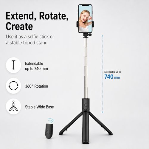 Generic All-in-One Selfie Stick Tripod with Fill Light, 700mm Extendable Phone Holder Stand with Bluetooth Remote, 360° Rotation, Foldable Portable Selfie Stick for Live Streaming, Video Calls and Vlogging - image 5