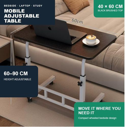 Generic Black Brushed-Finish 40×60 cm Height-Adjustable Mobile Bedside Table with Wheels for Laptop and Study