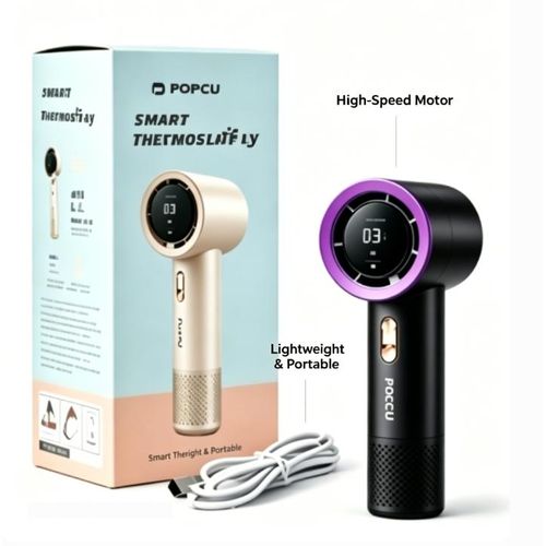 POPCU Handheld Fan – USB Rechargeable Portable Fan with Digital Display, Strong Wind & Lightweight Design-Black