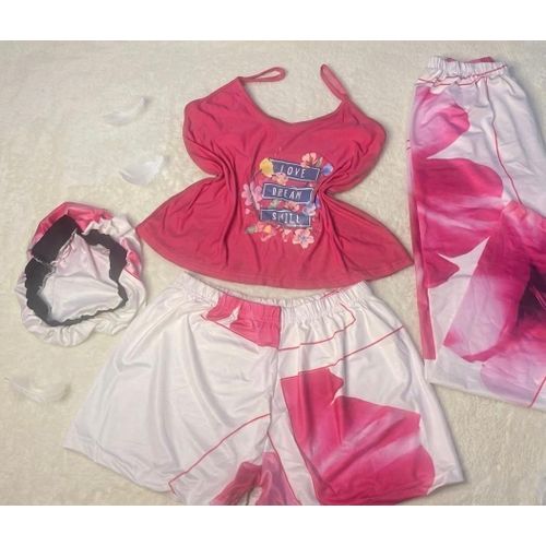 product_image_name-Fashion-4Pcs Ladies Night Wear-Pink And White -2