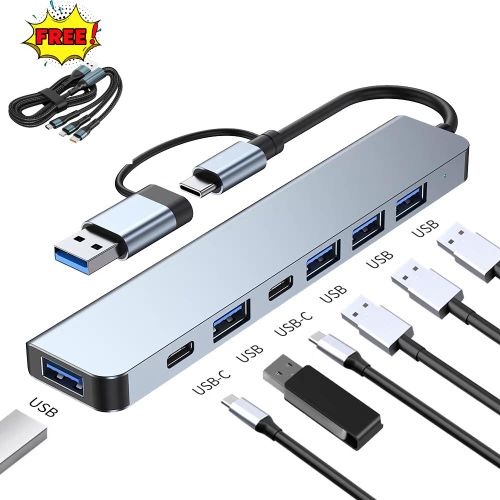 product_image_name-Generic-USB + Type-C 7-in-1 Hub with Free 3-in-1 Charging Cable, Dual Interface, 4 USB 2.0 + 1 USB 3.0 + 2 Type-C, Plug & Play, Compact Aluminum Design-1