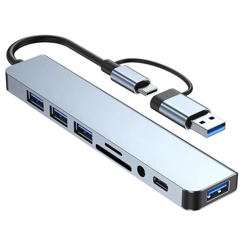 product_image_name-Generic-USB + Type-C 7-in-1 Hub with Free 3-in-1 Charging Cable, Dual Interface, 4 USB 2.0 + 1 USB 3.0 + 2 Type-C, Plug & Play, Compact Aluminum Design-2