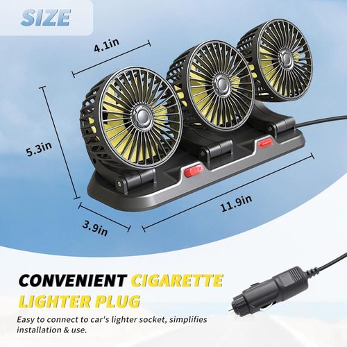 Generic 12V 360-degree Rotating Adjustable Car Fan with Three Heads - Black - image 4