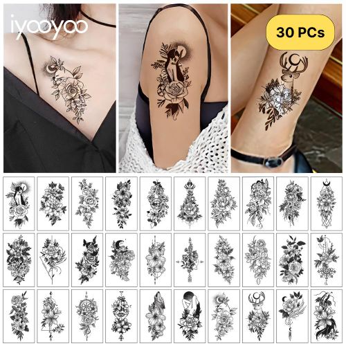 product_image_name-iyooyoo-30 PCS-Pack Sketch Flower Tattoo Stickers - Elegant Black & White Rose, Butterfly, Daisy Temporary Tattoos (97x57mm) for Women, Cover Scars, Boho Chic Body Art-1