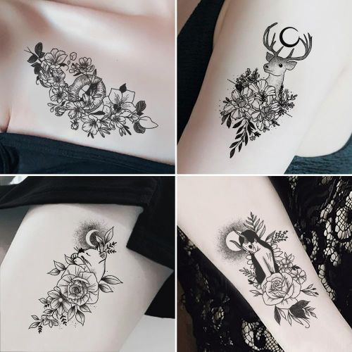 product_image_name-iyooyoo-30 PCS-Pack Sketch Flower Tattoo Stickers - Elegant Black & White Rose, Butterfly, Daisy Temporary Tattoos (97x57mm) for Women, Cover Scars, Boho Chic Body Art-6