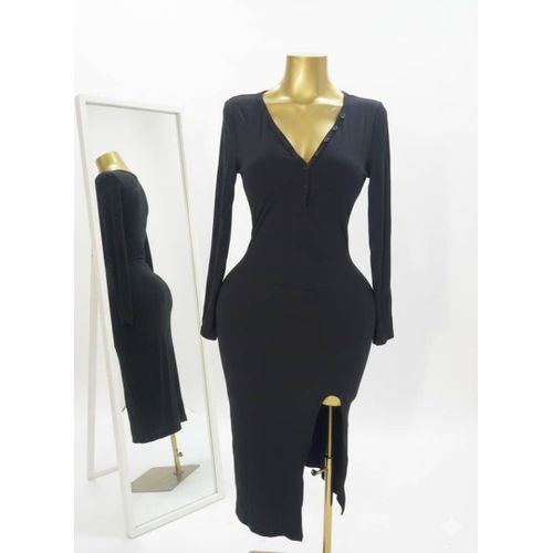 product_image_name-Fashion-Elegant Black V-neck Button Dress-1