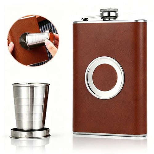 Generic 8oz Leather Wrapped 304 Stainless Steel Hip Flask Set with Foldable Cup & Funnel