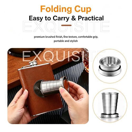Generic 8oz Leather Wrapped 304 Stainless Steel Hip Flask Set with Foldable Cup & Funnel - image 2