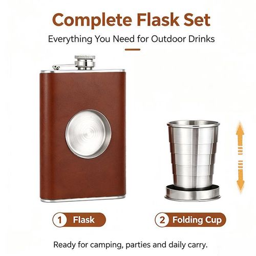 Generic 8oz Leather Wrapped 304 Stainless Steel Hip Flask Set with Foldable Cup & Funnel - image 5