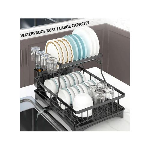 product_image_name-Generic-Large Capacity Durable Rust-resistant Kitchen Dish Plate Drying Rack 2-tier (L44 x W31 x H33)cm / (L17.3 x W12.2 x H13)inch - Black-1