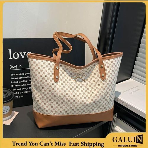 GALUIN Beige vintage monogram tote bag, brown leather patchwork large capacity shoulder bag