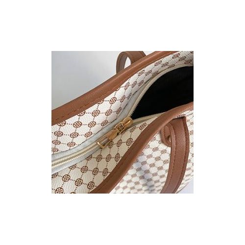 GALUIN Beige vintage monogram tote bag, brown leather patchwork large capacity shoulder bag - image 6