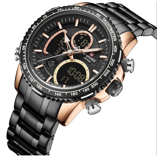 product_image_name-Naviforce- Premium Men's Watch with Stainless Steel, Featuring Dual Display, Sporty Chronograph, Quartz Movement, Date Function, LED Light, And Luminous Elements for a Luxurious Look, Black, Rose Gold. -3