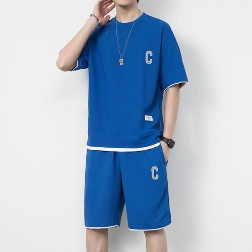 product_image_name-GALUIN-GALUIN T-Shirts +Shorts 100% Cotton Men's Short Sleeve Set- Blue-4