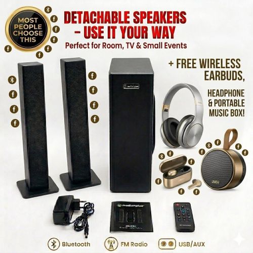 product_image_name-Generic-Media Bluetooth Home Speaker System + Free Wireless Headphone, Earbuds & Portable Music Box with Detachable Soundbars & Subwoofer - Loud Clear Sound for TV, Room & Small Events - TRUSTED SELLER!!!-1