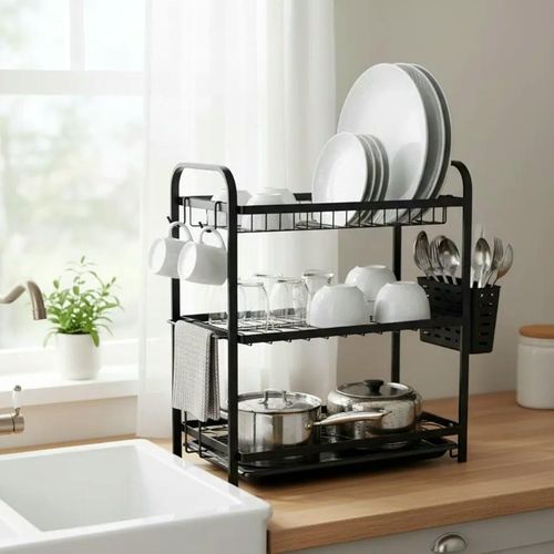 product_image_name-Generic-Maisonware 3-Tier Dish Drying Rack Matte Black Steel, Countertop Design with Cutlery Holder, Cutting Board Storage, -4