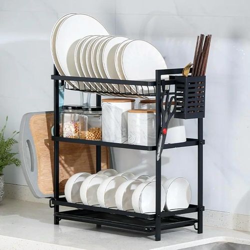 product_image_name-Generic-Maisonware 3-Tier Dish Drying Rack Matte Black Steel, Countertop Design with Cutlery Holder, Cutting Board Storage, -5