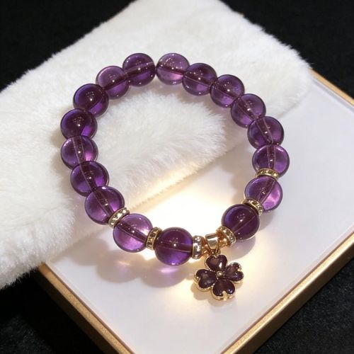 product_image_name-Fashion-Women's Handmade Purple Crystal Beaded Bracelet with Lucky Clover Charm - Stretchable Jewelry Gift for All Occasions-1