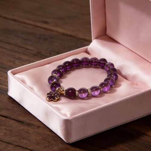 product_image_name-Fashion-Women's Handmade Purple Crystal Beaded Bracelet with Lucky Clover Charm - Stretchable Jewelry Gift for All Occasions-3