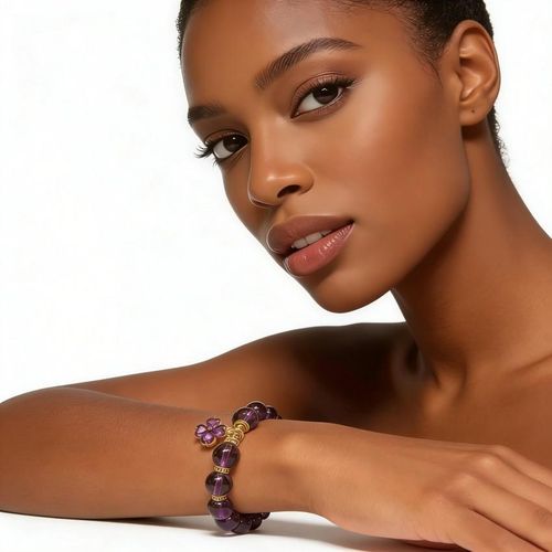 product_image_name-Fashion-Women's Handmade Purple Crystal Beaded Bracelet with Lucky Clover Charm - Stretchable Jewelry Gift for All Occasions-6