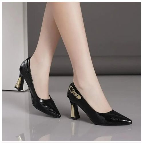 product_image_name-Shoemart-Ladies Elegant Fashion High Chunky Heel & Toe Flat Shoes - Women's Daily Professional Versatile Glassy Sandal Heels (Black & Rose Shell Gold)-1