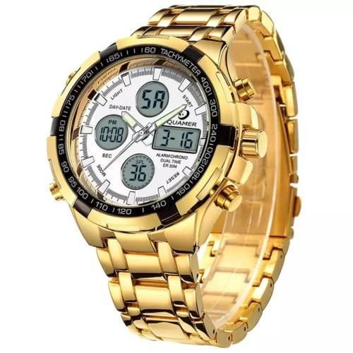 product_image_name-Quamer-165 Quartz Sport Muti-Functional Wristwatch with Analog&Digital Time Display -Gold+White-1