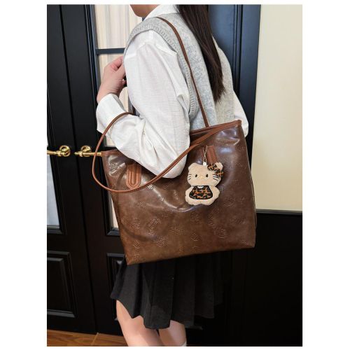 General Women's Cat Print Shoulder Bag, Large Capacity Casual Commuting Handbag, Cute Cat Head Design, Brown - image 6