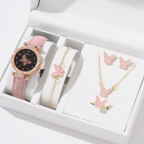 product_image_name-General-UPHUI 6-in-1 Women's Watch Set Earrings Necklace Ring Bracelet Pink Jewelry Set-1
