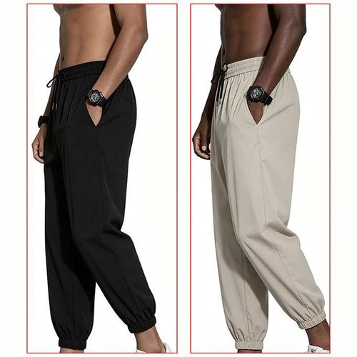 VEOUNDK Men Casual Pants 2 Pack, Elastic Waist Jogger Pants - Black/Light Grey - image 3