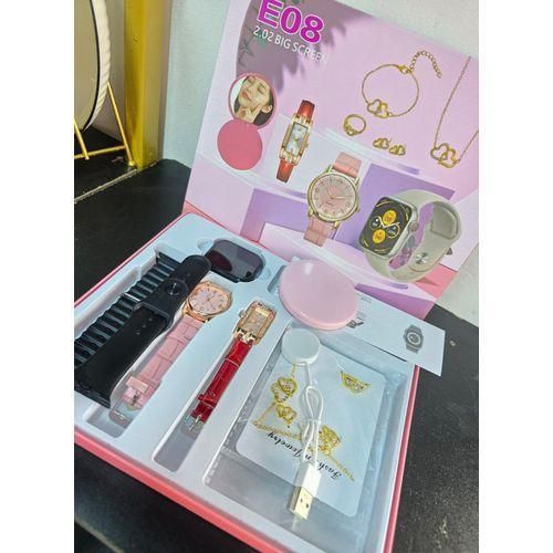 product_image_name-White Label-E08 Plus Smartwatch Gift Set for Women – Fitness Tracker with Heart Rate, Blood Pressure, Sleep Monitor, Voice Assistant, Analog Watch, Jewellery Set, Wireless Charger, and Extra Straps-1