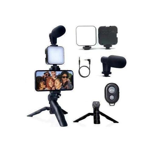 Generic Tripod Phone Stand With Clip And Microphone Kit & LED Light - BlackFor Video Recording