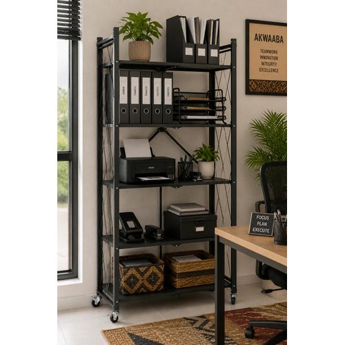 German Plus 5-Tier Folding Metal Storage Rack with Wheels - image 4