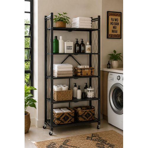 German Plus 5-Tier Folding Metal Storage Rack with Wheels - image 5