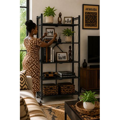 German Plus 5-Tier Folding Metal Storage Rack with Wheels - image 6