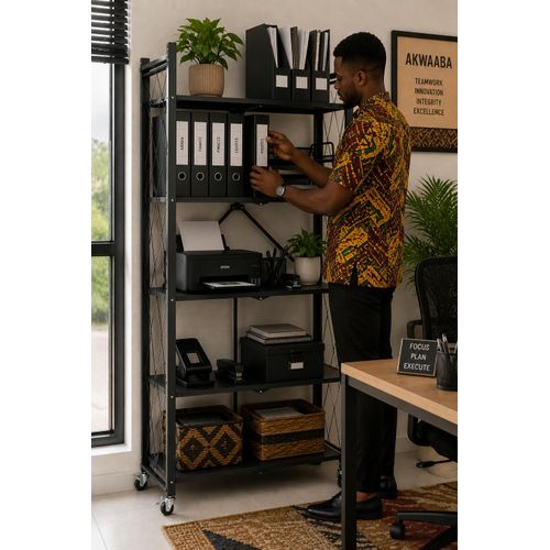 German Plus 5-Tier Folding Metal Storage Rack with Wheels - image 7