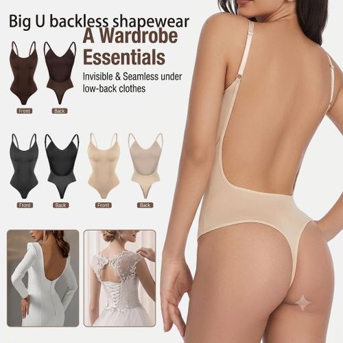 Fashion Backless Shapewear Bodysuit – Seamless Low-Back Plunge Shaper - Brown, Black and Cream