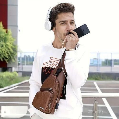 Fashion Waterproof PU Leather Crossbody Sling Bag with USB Charging Port - Black - image 3