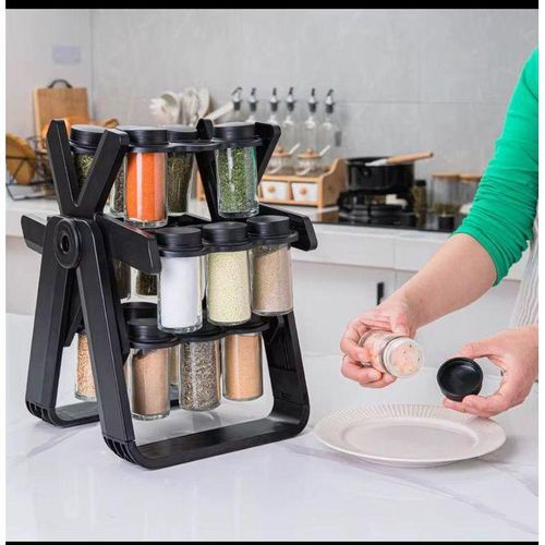 product_image_name-Generic-18pcs Glass Jar Ferris Wheel Spice Rack Organizer 360 Degree Rotating Spice Set  with 18pcs Stick on labels, 1pc Funnel and 1pc Pen-Black-4