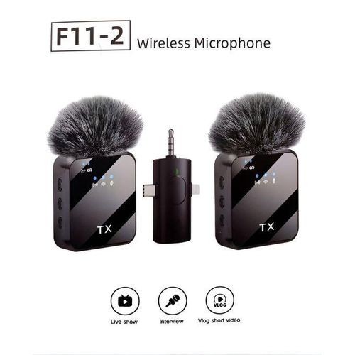 product_image_name-Unknown-F11-2 Wireless Lavalier Microphone Wireless Microphone Set – Dual Transmitter Plug-and-Play Mic for Vlogging, Interview & Live Streaming – Black-1